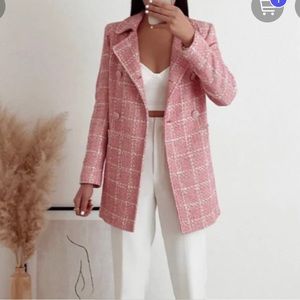 Zara NWT pink check coat Chanel Jackie Kennedy style